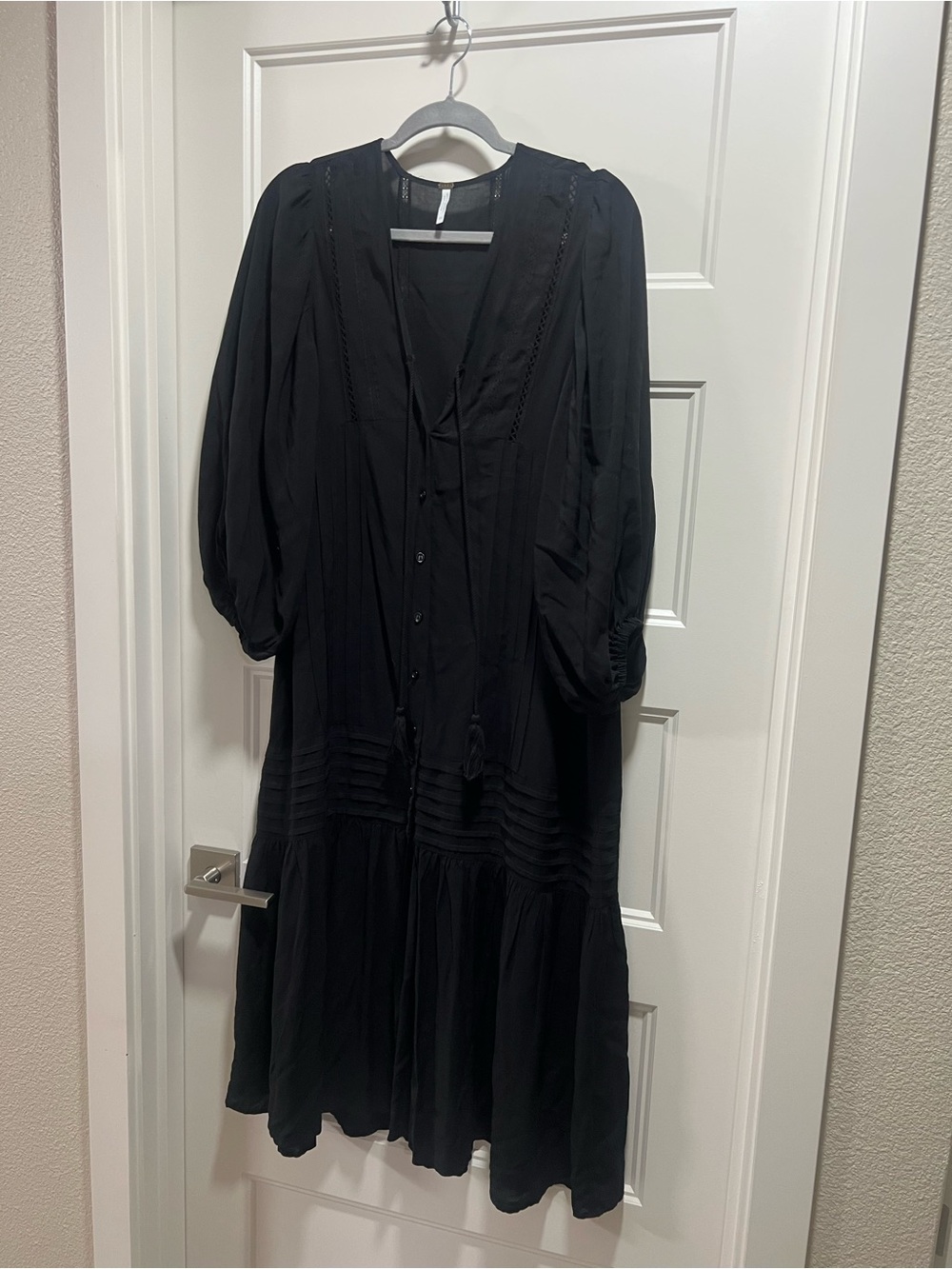 Black Button-Front Midi Dress with Puff Sleeves